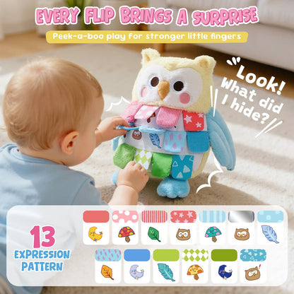 JoyCat Baby Toys 6-12 Months, Soft Baby Beehive with 5 Sensory Bees - Rattle, Crinkle Paper, Squeaker, Mirror + Sensory Owl Stuffed Animal, Soft Tummy Time Toy for Infant with Textured Crinkle Mirror