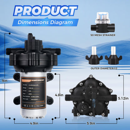 Upgraded 110V AC Fresh Water Pump, 7GPM 70PSI, Five Chamber Self-Priming Diaphragm Pump with Heavy Duty Pressure Switch & Strainer for RV, Marine，Home Water System, Irrigating & Industrial Settings
