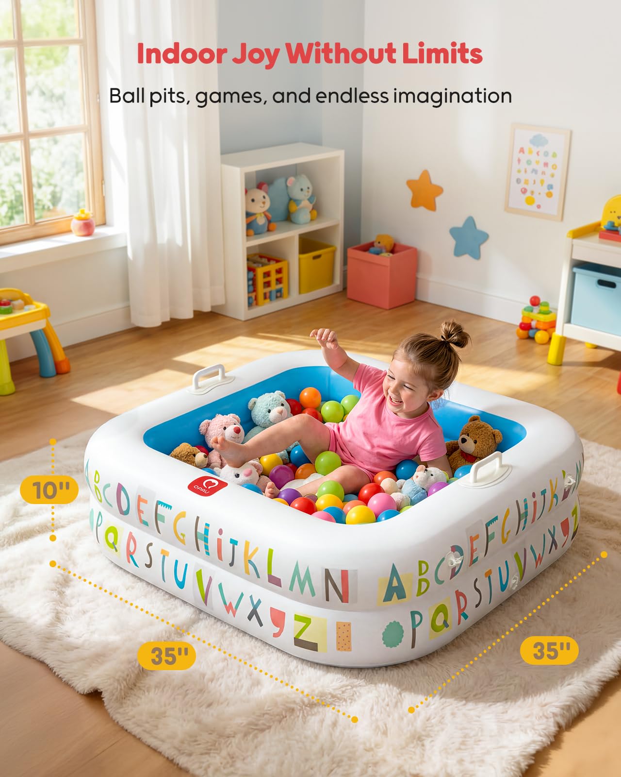 QPAU Baby Pool with Detachable Canopy for Sun Protection, 35" x 10" Portable Inflatable Kids Pool with Padded Bottom, Kiddie Pool & Ball Pit with Handles for Backyard and Indoor, Ages 1-3 (Blue)