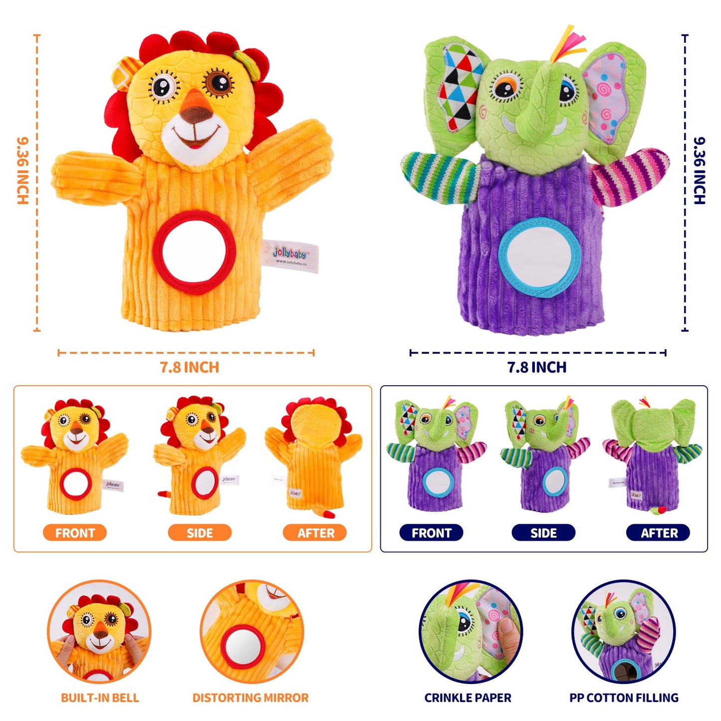 Jollybaby Hand Puppets Baby Toy 0-6-12 Months, Plush Stuffed Animal Hand Puppets Toys for Kids，Sensory Doll with Rattle and Mirror for Toddler，Social Emotional Play Therapy Toys for Boy Girl Gift