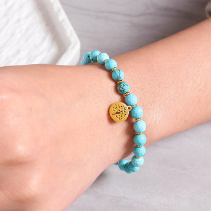 TaYolnFaSo Natural Turquoise Stretch Bracelet Stainless Steel Handmade Tree of Life Charm Turquoise Beaded Jewelry Gift for Women Men