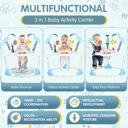 Furmubei Baby Activity Center, 3-in-1 Baby Jumper, Infant Activity Center with 360° Rotating Seat, Music, Lights, 3 Adjustable Heights, Infant Activity Jumper for 6+ Months JP2401