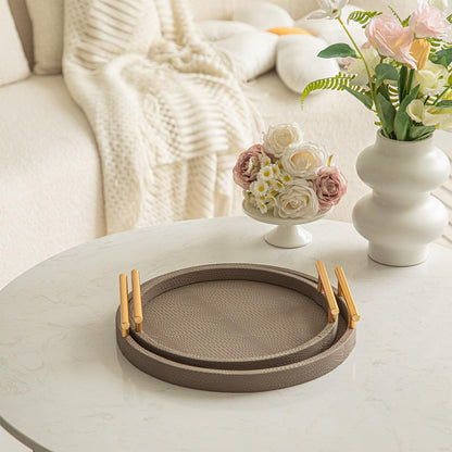 MACVAD 2 Piece Coffee Brown Round Serving Tray with Handles, Woven-Texture Faux Leather Ottoman Tray for Living Room, Decorative Tray for Coffee Table Home Decor