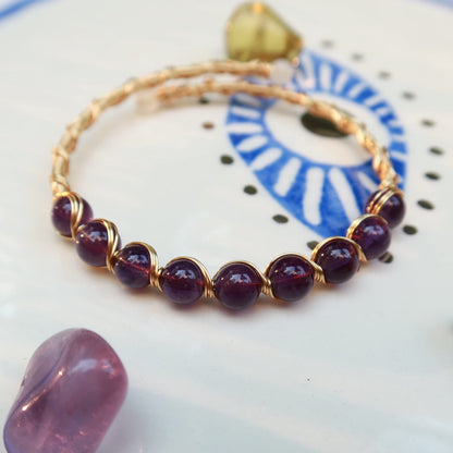 PSEEHEE Handmade Genuine Amethyst Beads 14k Gold Filled Wire Wrapped Bracelet, Birthstone Chakra Healing Crystal Chips Adjustable Bangle Cuff Jewelry Gift for Women Men