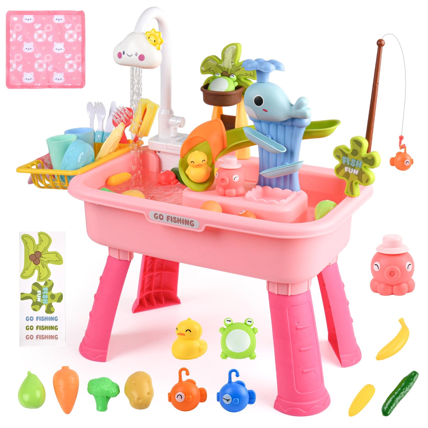 AZTWMYS Upgraded Toddler Sand Water Table Toy with Electric Water Pump, Kids Sand Water with Faucet/Play Food Accessories/Fishing Toy, Kitchen Play Sink Toys for Girl Boy Age 3+ (Pink)