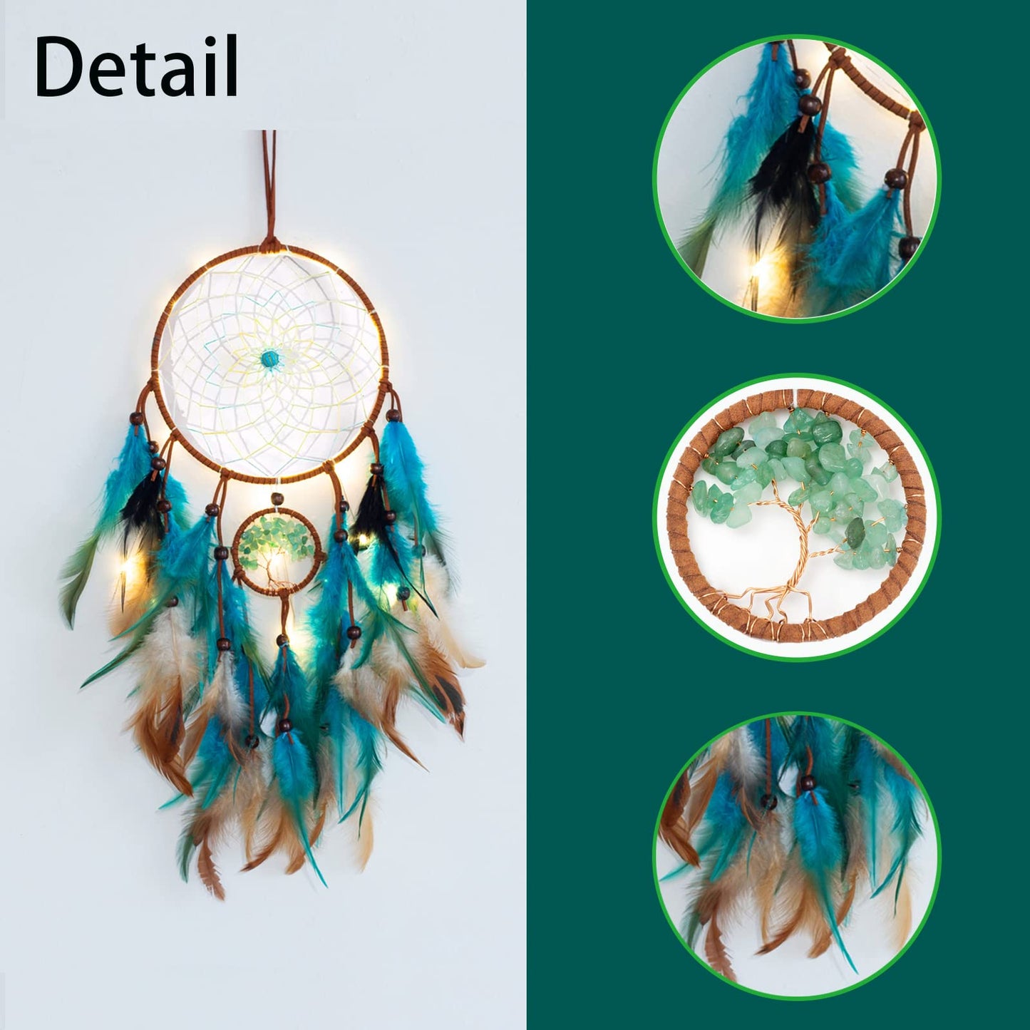 Dream Catcher Blue Tree of Life with Feathers, Mobile LED Fairy Lights Handmade Indians Traditional Circular Net for Wall Hanging Decor, Bedroom Kids, Home Decoration Wedding Party Blessing Gift