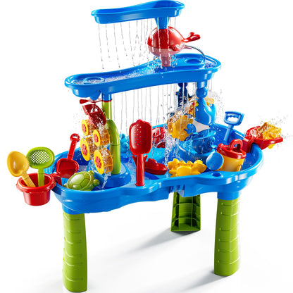 DULONIME 3-Tier Sand and Water Activity Table for Kids 3-8, Sensory Play Table with Waterfall Design & Beach Toy Set, Outdoor Backyard Playset for Toddlers 2-6, Great Birthday Present