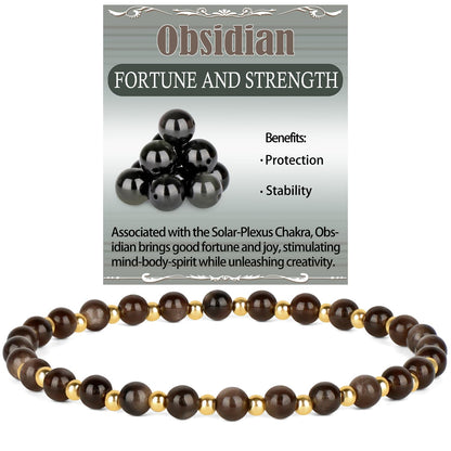 QOGIR Silver Obsidian - Fortune and Strength - 14K Gold Plated Beads Natural Gemstone Stretch Elastic Dainty Healing Beaded Bracelets Gifts 4mm