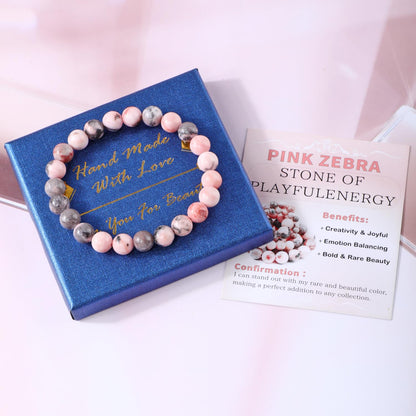 Bymitel 8mm Pink Zebra - Handmade Reiki Gemstone Stretch Bracelet, Natural Beauty & Spiritual Essence, Crystal Healing for Unisex Adults