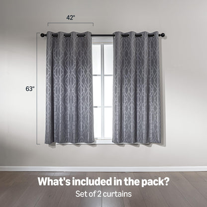 Amazon Basics Jacquard 2-Piece 100% Blackout Curtains, Living Room and Bedroom Drapes, Thermal Insulated Window Treatment, 42"x63", Grey