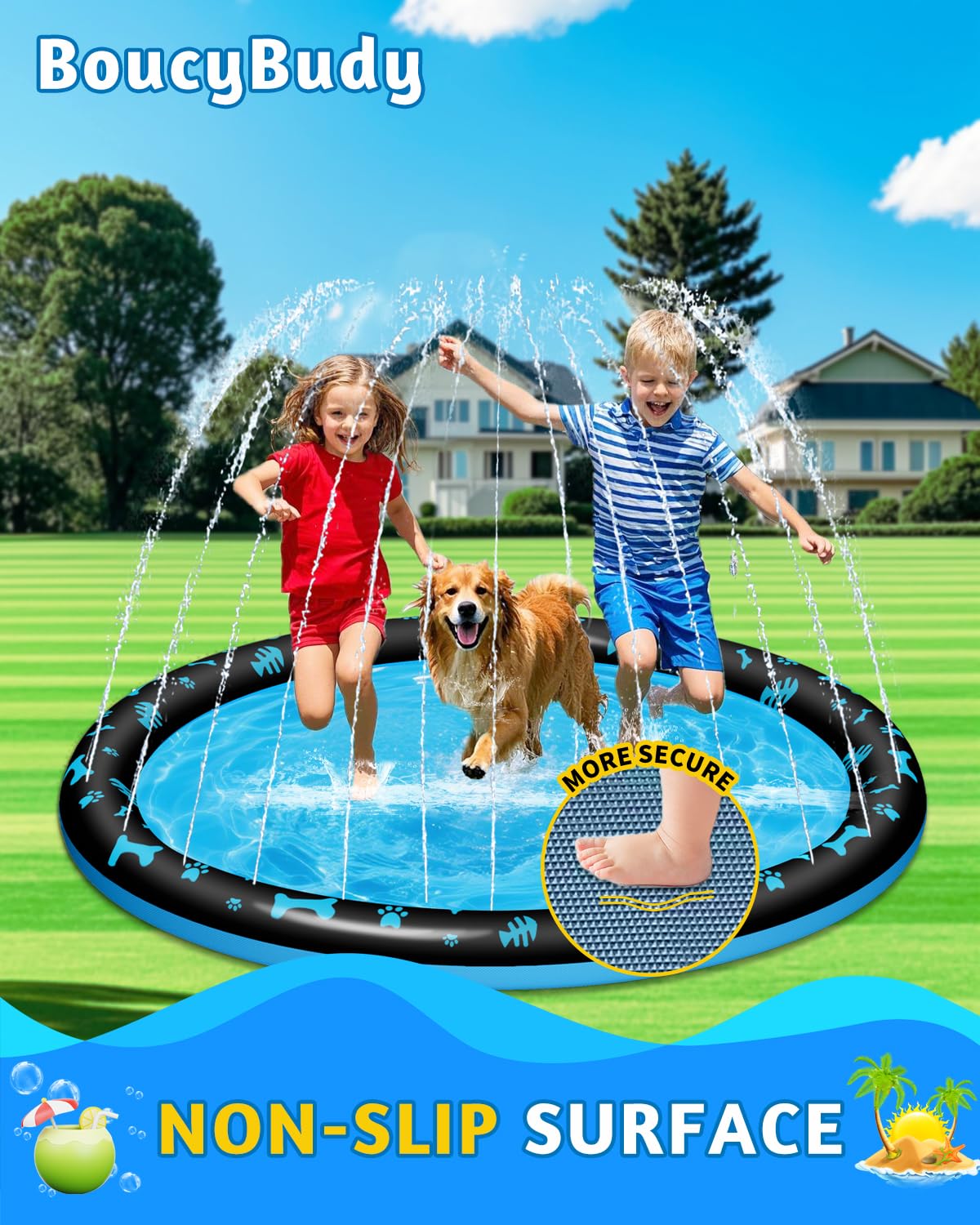 67" Splash Pad for Kids and Dogs, Non-Slip Sprinkler Play Mat, Outdoor Water Toys for Toddlers 1-3 & Kids Ages 4-8, Backyard Summer Water Play