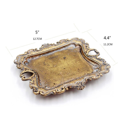 Funly mee Small Antique Trinket Dish Vintage Gold Metal Jewelry Tray, Ring Holder-5.3 x 3.5 x 1.2 inches