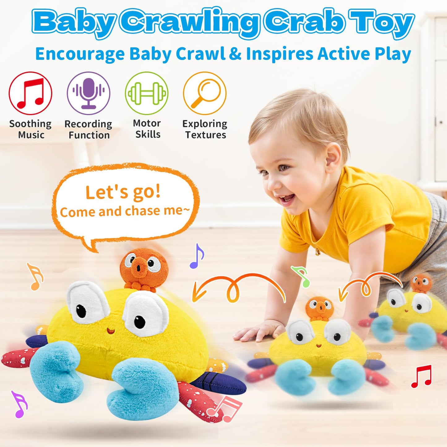 Infowush Baby Toys 6-12-18 Months - Musical Crawling Crab Plush Toy, Dancing Walking Bouncing Tummy Time Toy Interactive Sensory Learning Toys for Toddlers 1-3, Birthday Gifts for Infants Boys Girls
