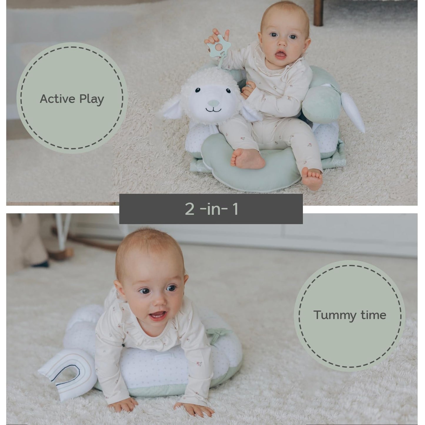 Aila+Aiden 2-in-1 Tummy Time Mat and Seated Support with Sensory Toys – for Newborns and Babies – Includes Detachable Cushion for Supervised Play & Head/Neck Development (Sage)