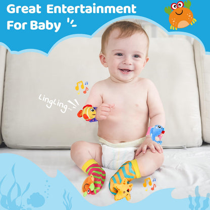 URMYWO Wrist Rattles for Baby - Rattle Socks - Foot Finder Set - Baby Toys for 0-12 Months Infant - Newborn Essentials - Early Learning Sensery Toys for Boy Girl as Shower Gifts
