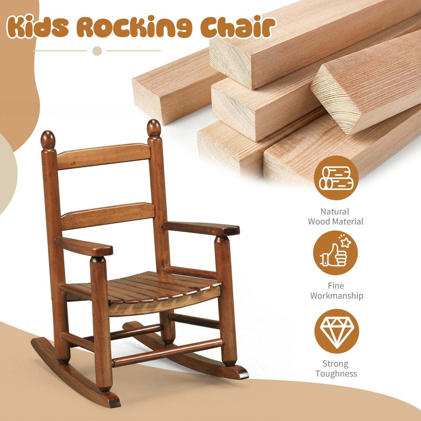 Outvita Kids Rocking Chair, Ergonomic Sturdy Toddler Rocking Chair with High Backrest & Rounded Armrests, Safe Solid Wood Baby Rocker Chair for Age 3-6, Outdoor, Living Room, Reading Room(Brown)