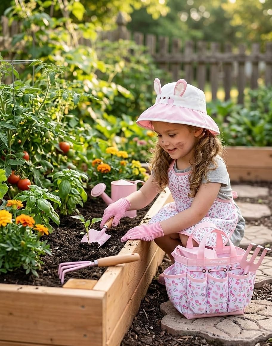 Seedypop Kids Gardening Tool Set Toys - 8 Pieces Quality Garden Kit for Toddlers & Kids with Shovels, Rake, Watering Can, Hat, Apron, Gloves & Storage Bag (Pink Flower)