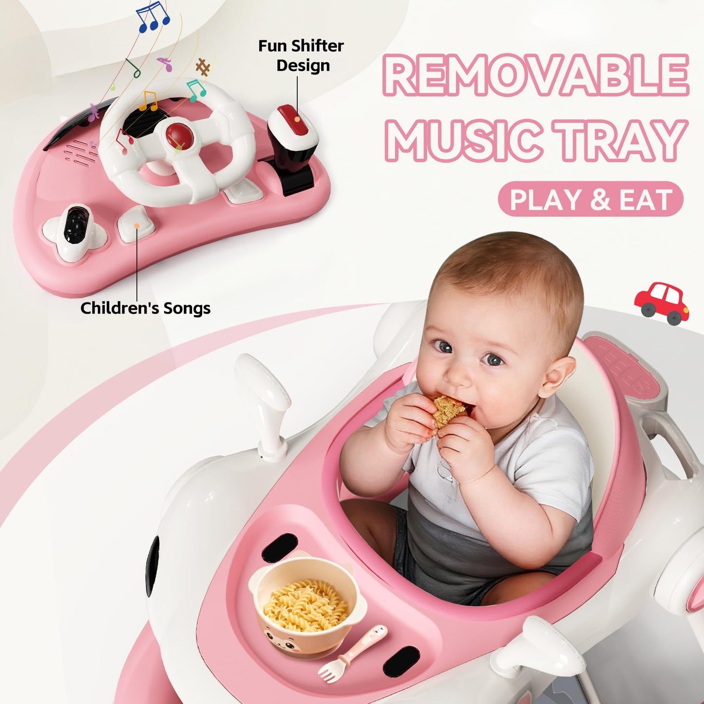 HAWEEK Baby Walker with Wheels, 7-in-1 Foldable Baby Walkers for Boys Girls 6-12 Months with Feeding Tray & Music, Lights,Rocker,Sun Canopy, Bouncing Pedal, Adjustable Wheel Speed, Push Walker (Pink)