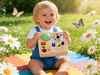JOYKEKE Montessori Wooden Busy Board Activity Board with Tap Clap Light, Safe Durable Sensory Educational Toy for 1-4 Year Olds, Build Fine Motor & Hand-Eye Coordination for Toddler Boys & Girls