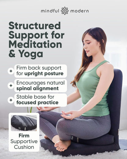 Mindful Modern Folding Pro Meditation Chair - Adjustable Meditation Seat with Back Support and Half Moon Buckwheat Meditation Cushion - Comfortable Mindfulness Living Room Floor Chair