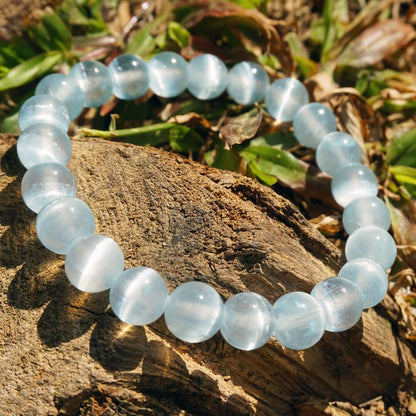 TaHLga Natural Selenite Bracelet 8mm | Aqua Blue | Crown Chakra Crystal with Cat-eye Effect | Handmade Meditation Healing Bracelet for Women Men | Beading Tool Kit - Fits for 6.5-7.5 inch Wrist Size