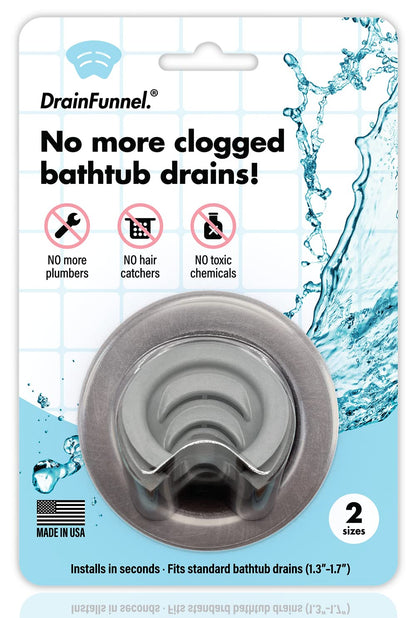 DRAINFUNNEL Bathtub Drain Funnel for Hair Clog Prevention, 2 Size Pack 1.3"-1.7" Tub Drains (Gray)