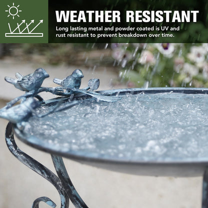 Solution4Patio 16.7" Metal Bird Bath with Perch - Rust-Resistant Outdoor Garden Decor, Shallow Wide Bowl & Foldable Stand for Birds/Plants