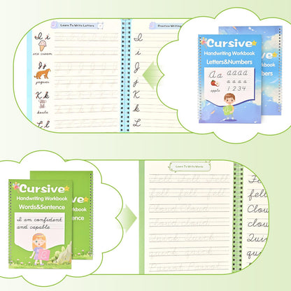 Grooved Cursive Handwriting Workbook for Kids Ages 8-12, Reusable Cursive Writing Practice Book, Cursive Calligraphy Kit with Disappearing Ink, Cursive Copybook for Beginners & Teens