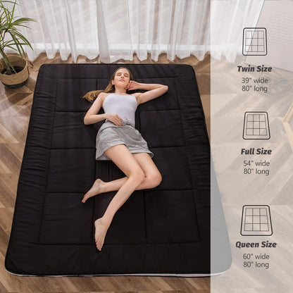 MAXYOYO Futon Mattress, Padded Japanese Floor Mattress Quilted Mattress Topper, Extra Thick Folding Sleeping Pad Breathable Floor Lounger Guest Couch for Camping, Black, Twin