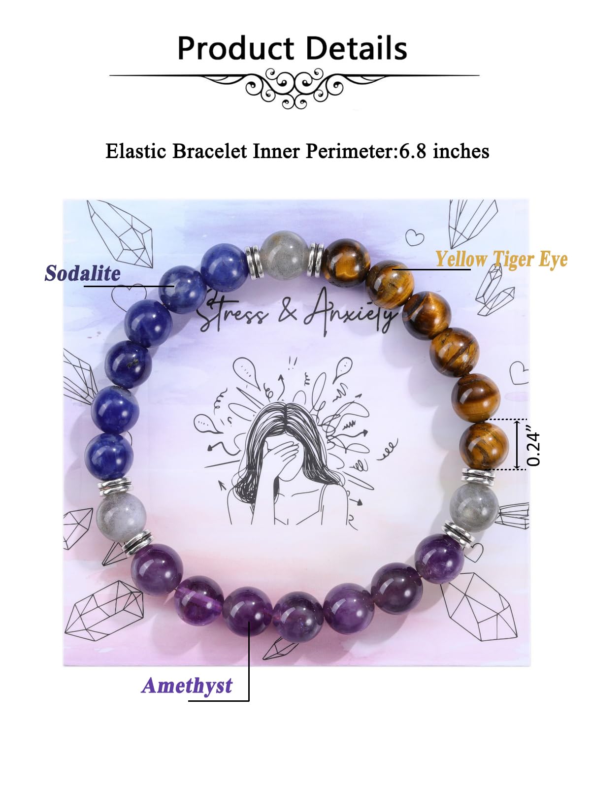 Jovivi Healing Crystal Beaded Bracelet for Women Anxierty Relief Natural Amethyst Sodalite Tiger Eye Yoga Beads Chakra Bracelet Handmade Triple Protection Good Luck Jewelry Gift