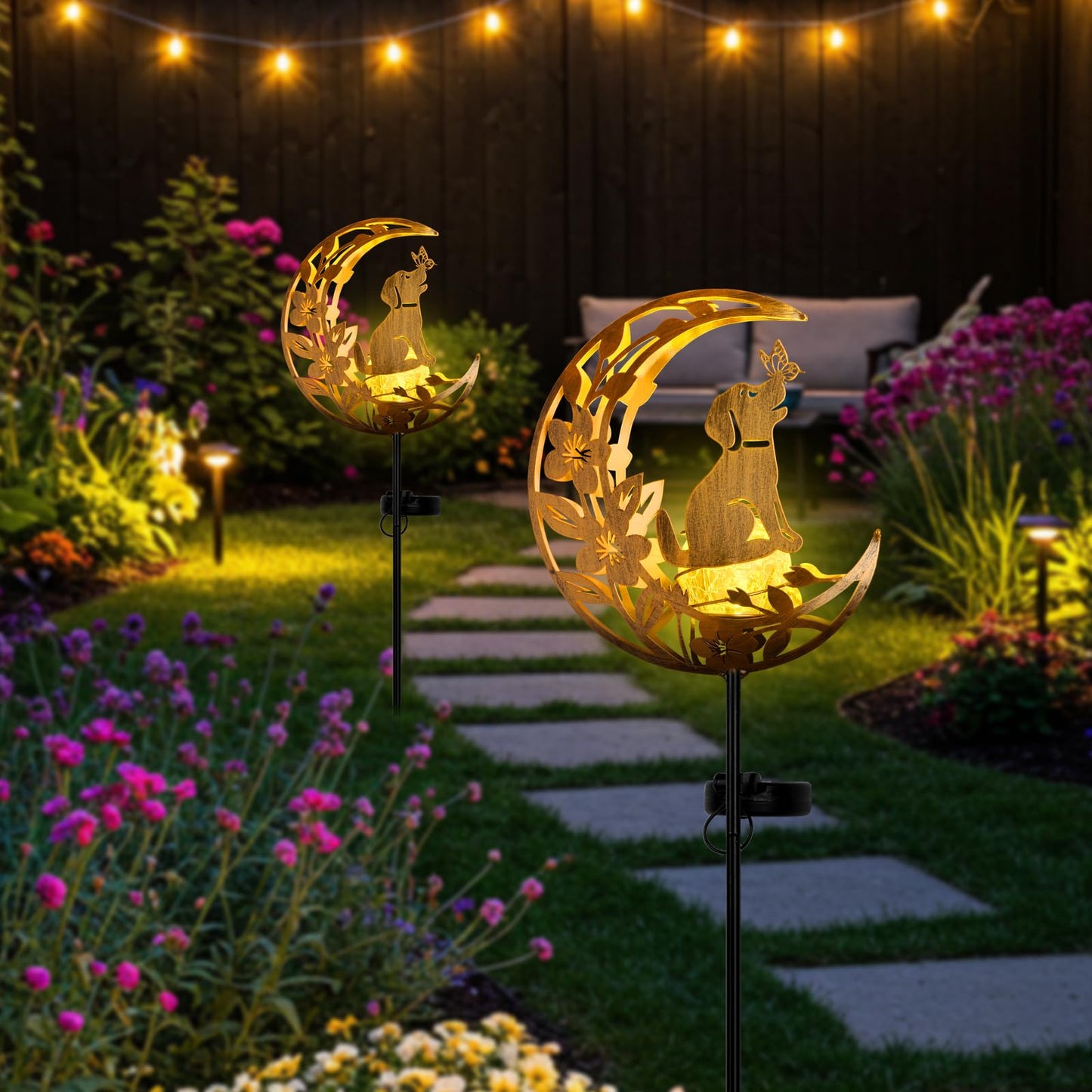 JOBOSI Solar Iron Art Flower Planting Moon Dog Waterproof Outdoor Solar Light for Garden, Yard, Patio Decor, Auto On/Off, Long-Lasting Battery, Unique Gift for Mom, Grandma, Christmas