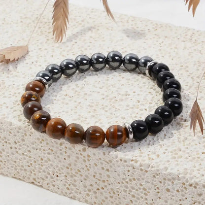 VECO-T Energy Mens Beaded Bracelets,Triple Protection Bracelet for Men,Made of Three Kinds of 8mm Beads (Black Obsidian Hematite Tiger Eye Beaded), Personalized Gifts for Men