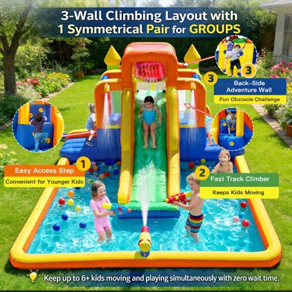 Umbalir 19x13FT Water Slide with 3 Climbing Walls, Jumbo Pool, Water Park with 2 Stair-Steps & Back Rock Wall, 2 Overhead Sprinklers & Water Cannon, 99" Long Slide, Multi-Kid Racing Bounce House