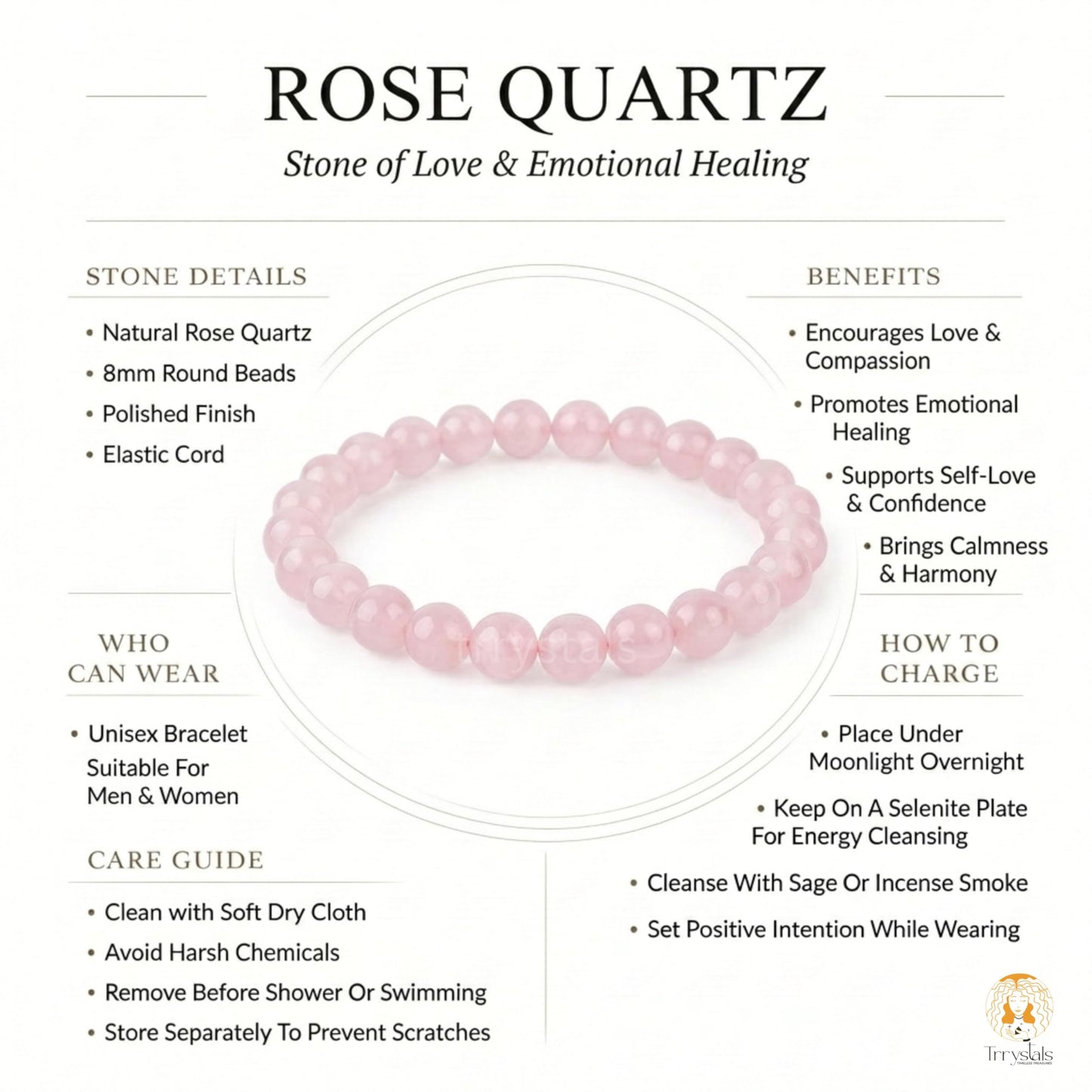 Trrystals Rose Quartz Bracelet for Men & Women | Natural 8mm Healing Crystal Beads | Love, Self Love, Emotional Healing & Relationship Harmony Stone Bracelet | Meditation Yoga Spiritual Jewelry.