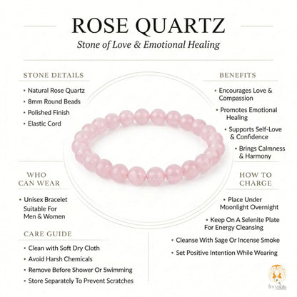 Trrystals Rose Quartz Bracelet for Men & Women | Natural 8mm Healing Crystal Beads | Love, Self Love, Emotional Healing & Relationship Harmony Stone Bracelet | Meditation Yoga Spiritual Jewelry.