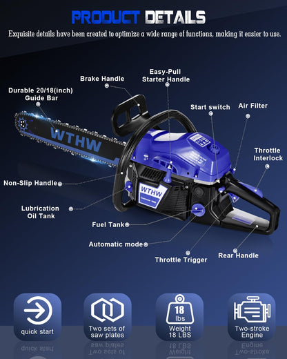 WTHW 58 cc Gas Powered Chainsaw, 20 in & 18 in Quick-Switch Bars – 550 ml Fuel 260 ml Oil Tanks, Automatic Chain Oiler, Centrifugal Air Filter, Quick Start, Inertial Chain Brake (Blue)
