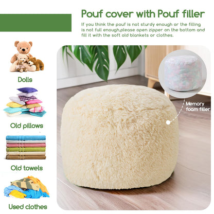 HIGOGOGO Round Stuffed Pouf Ottoman, Long Faux Fur Poufs with Foam Chunk Filling, Fluffy and Furry Pouf Foot Stool Storage Ottoman, 20 X 15 Floor Poufs Foot Rest for Living Room, Beige