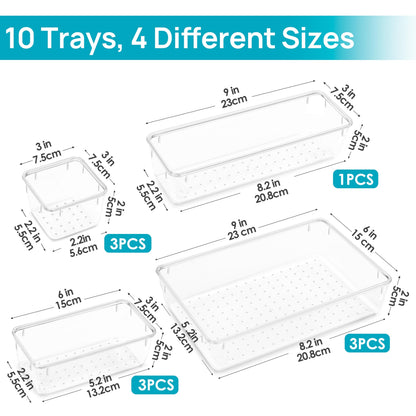 Vtopmart 10 Pcs Makeup Drawer Organizer Bins Set, 4 Size Plastic Makeup and Vanity Organizer Trays, Clear Acrylic Vanity Storage Containers for Cosmetics, Toiletries, Jewelry, Gadgets, Office Supply