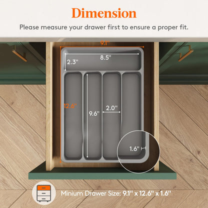Lifewit Silverware Drawer Organizer Tray, Plastic Cutlery Storage for Kitchen, Flatware and Utensil Holder Divider for Spoons Forks Knives Tableware, 9.1 x 12.6", 5 Slots, Gray