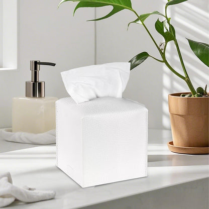 LIVESO Tissue Box Cover, 2 Pack Black & White Square PU Leather Tissue Box Holder Decrative Tissue Cube Organizer for Tabletop, Bathroom, Car, Office