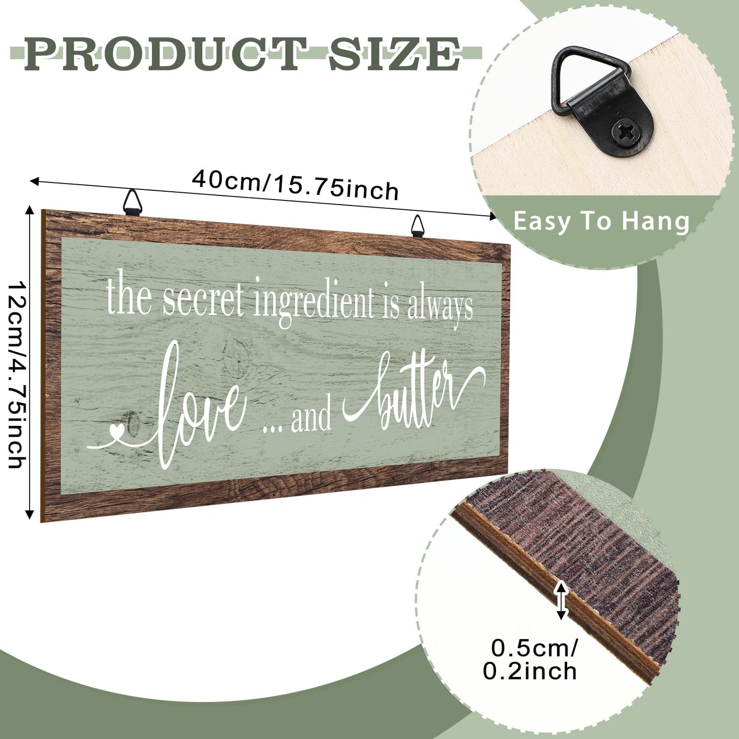 Jetec The Secret Ingredient Is Always Love and Butter Sign Funny Wood Kitchen Sign Funny Farmhouse Wall Decor Rustic Kitchen Wall Decoration, 15.7 x 4.7 Inch(Green)
