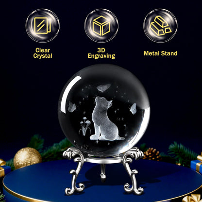 MAIBAOTA Cat Gifts for Cat Lovers Women 3D Crystal Cats Theme Stuff Figurines Money Attraction Decor Good Lucky Gifts 60mm Glass Laser Ball Paperweight with Stand Glass Sphere