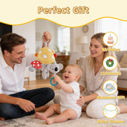 littlove Musical Baby Pull Vibration Toy for Car Seat 6-12 Months, Travel Sensory Toy 3 Months, Montessori Plush Toys for Roadtrip with Crinkle Textures Flutter Squeaky Mirror Newborn Infant Gift