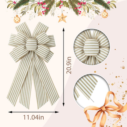 Vickasi Natural Stripes Wreath Bows for Front Door, Khaki Stripes Burlap Ribbon Bowknot Farmhouse Craft Bows Accessories for Wreath Tree Home Decorations