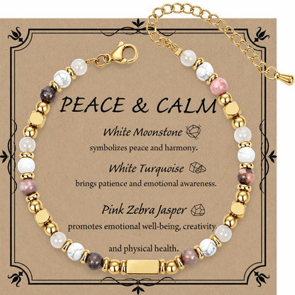 QINJIEJIE Peace Calm Bracelet for Women Moonstone Turquoise Pink Zebra Jasper Stone Healing Crystal Jewelry Spiritual Gifts for Friends Daughter Mom 6.7+1.9 Inches
