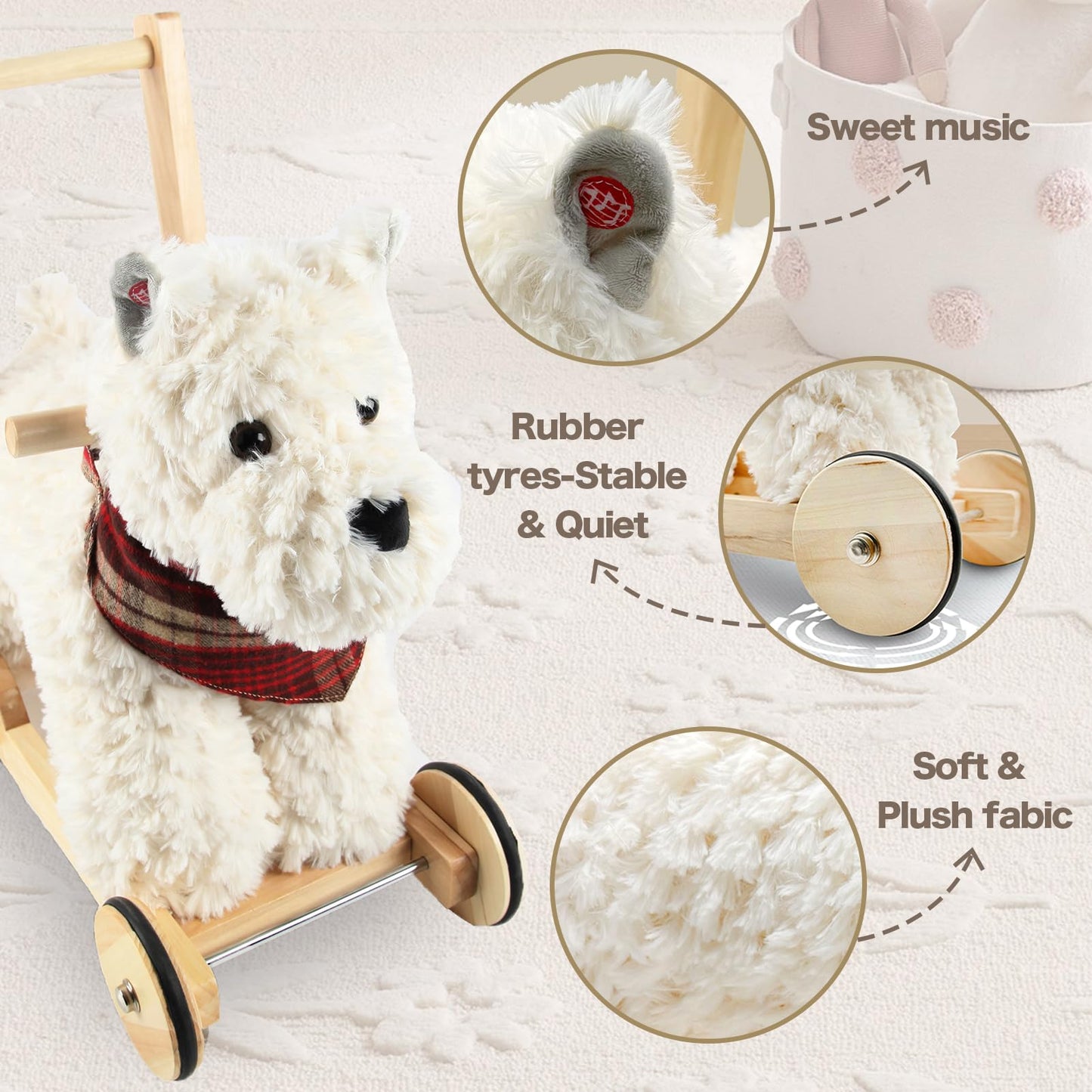 Rock My Baby Wooden Baby Walker, Baby Push Walker with Wheels for 12M+, Toddler Learning to Walk Toy with Sweet Music ＆ Animal Seat 2 in 1 Sit-to-Stand Walker Toy Gift for Boy Girl (Scottie Dog)