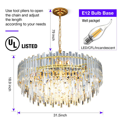 Lt-vt Gold Copper Crystal Chandelier Lighting 31'' for Dining Rooms Bedroom Foyer Entryway Ceiling Hanging Pendant Chandelier Light Fixture Lamp