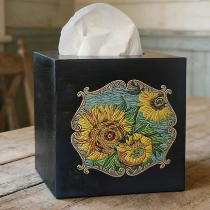 TAIANLE. Rustic Wooden Tissue Box Cover Square, Floral Sunflower Model Facial Tissue Holder, Wood Flower Box Cover Square Cube for Bathroom Bedroom Dinner Decro