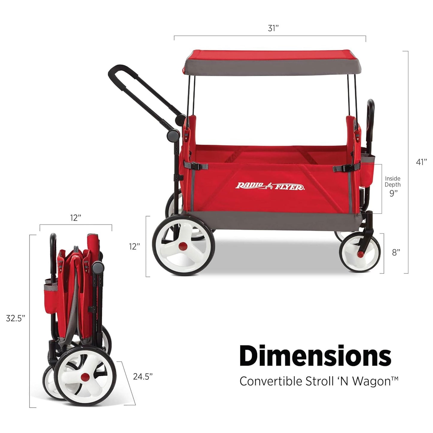 Radio Flyer Wagon for Kids, Baby Stroller, Outside Toys for Toddlers 1-3, Rolling Cart, Beach Cart with Wheels, Convertible Stroller Wagon for Kids Ages 1+ Years, Red