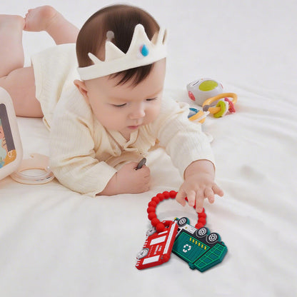 Silicone Baby Ring Toy with Fire Truck,Garbage Truck Teethers,Must Haves Teething Relief Chew Toys for 0-6,6-12 Months Boys and Girls,Newborns Essentials,Safe and Soft,BPA Free.
